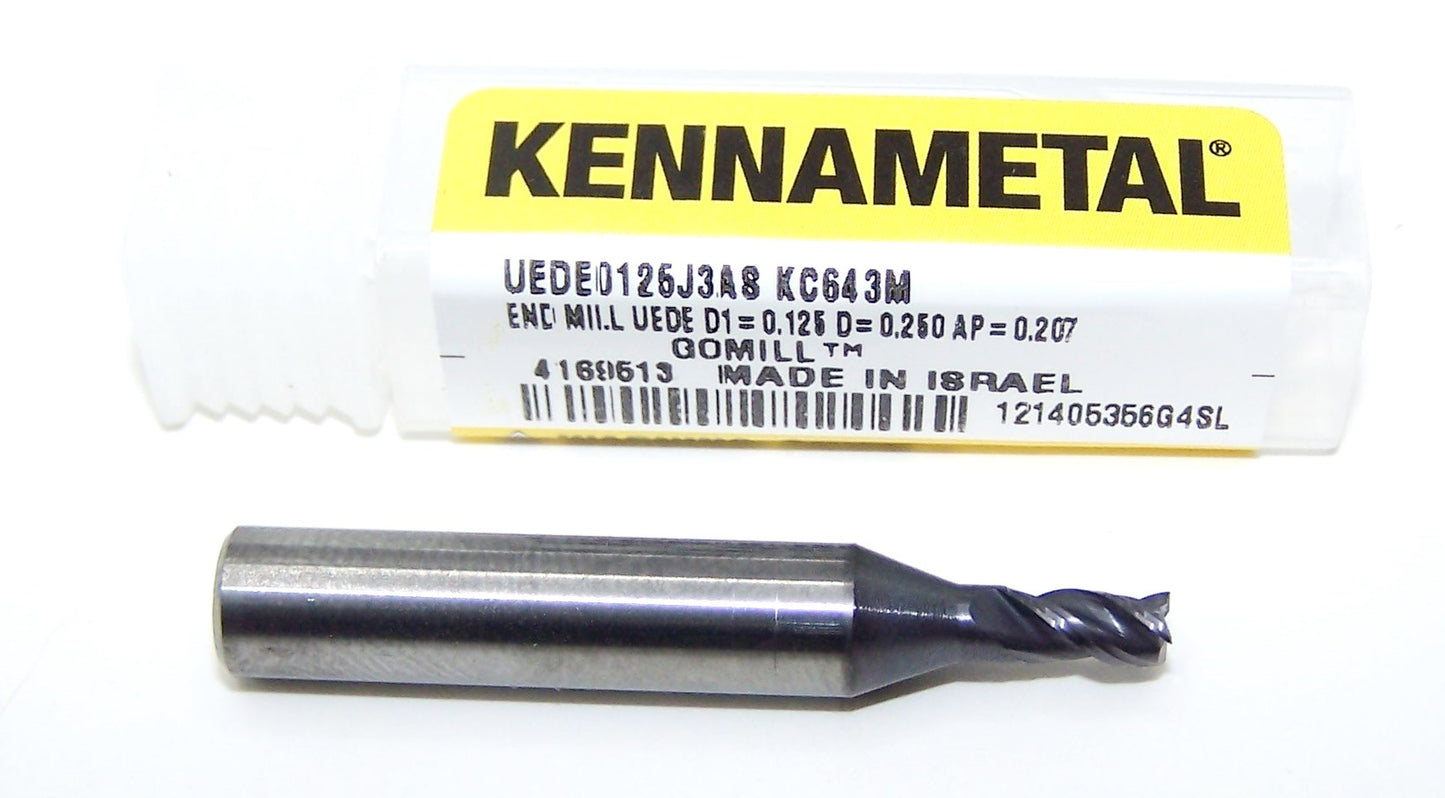 UEDE0125J3AS KC643M Kennametal 1/8" Carbide 3 Flute End Mill 1/4" Shank .125" Diameter .2031" Flute 1.50" Length .250" Shank GoMIll 4169513