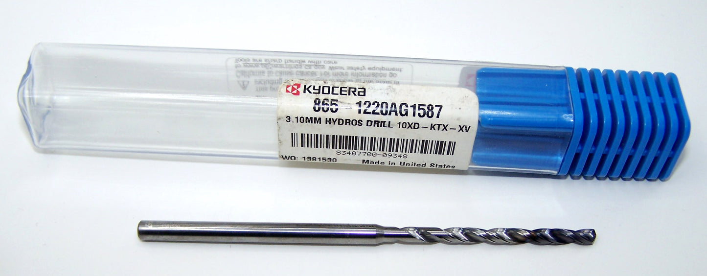 865-1220AG1587 Kyocera 3.10mm Carbide Coolant Drill AlTiN .1220" Diameter 1.22" Flute 1.587" Reach 3.54" Length 1.575" Shank