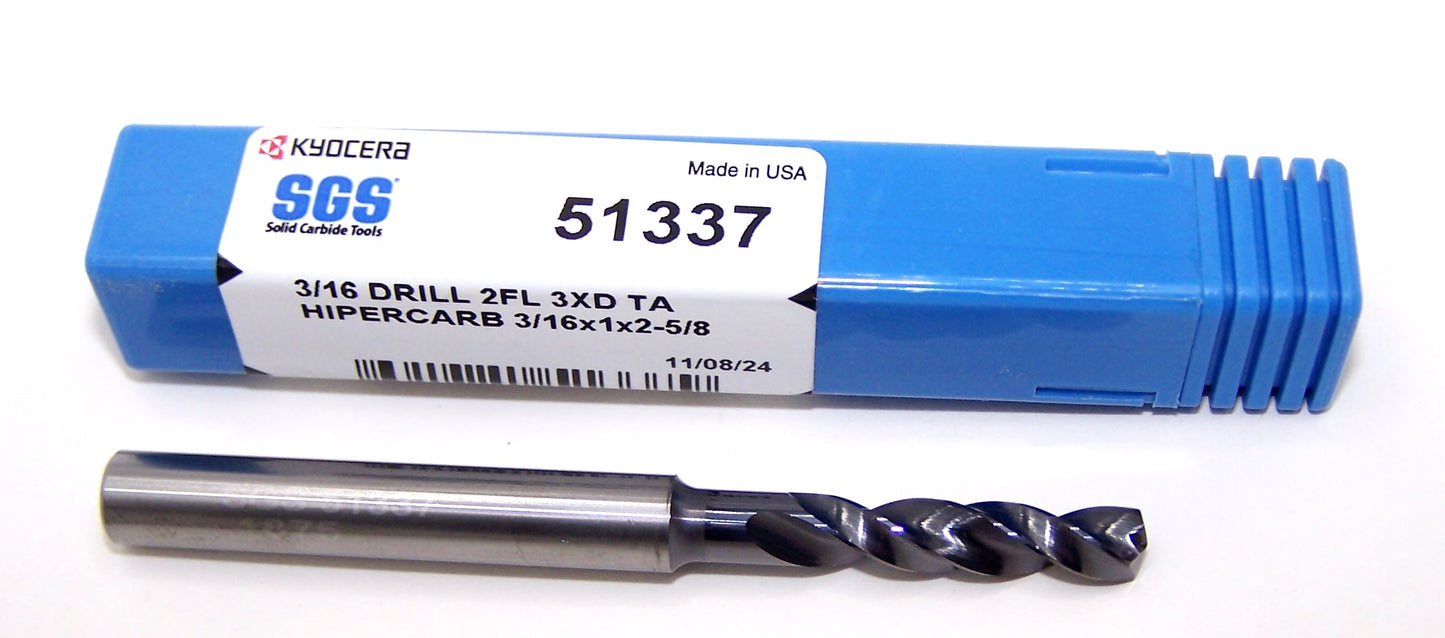 51337 SGS Carbide 3/16" Carbide Drill 2 Flute External Coolant AlTiN .1875" Diameter 1.00" Flute 2.625" Length .250" Shank 145° Point