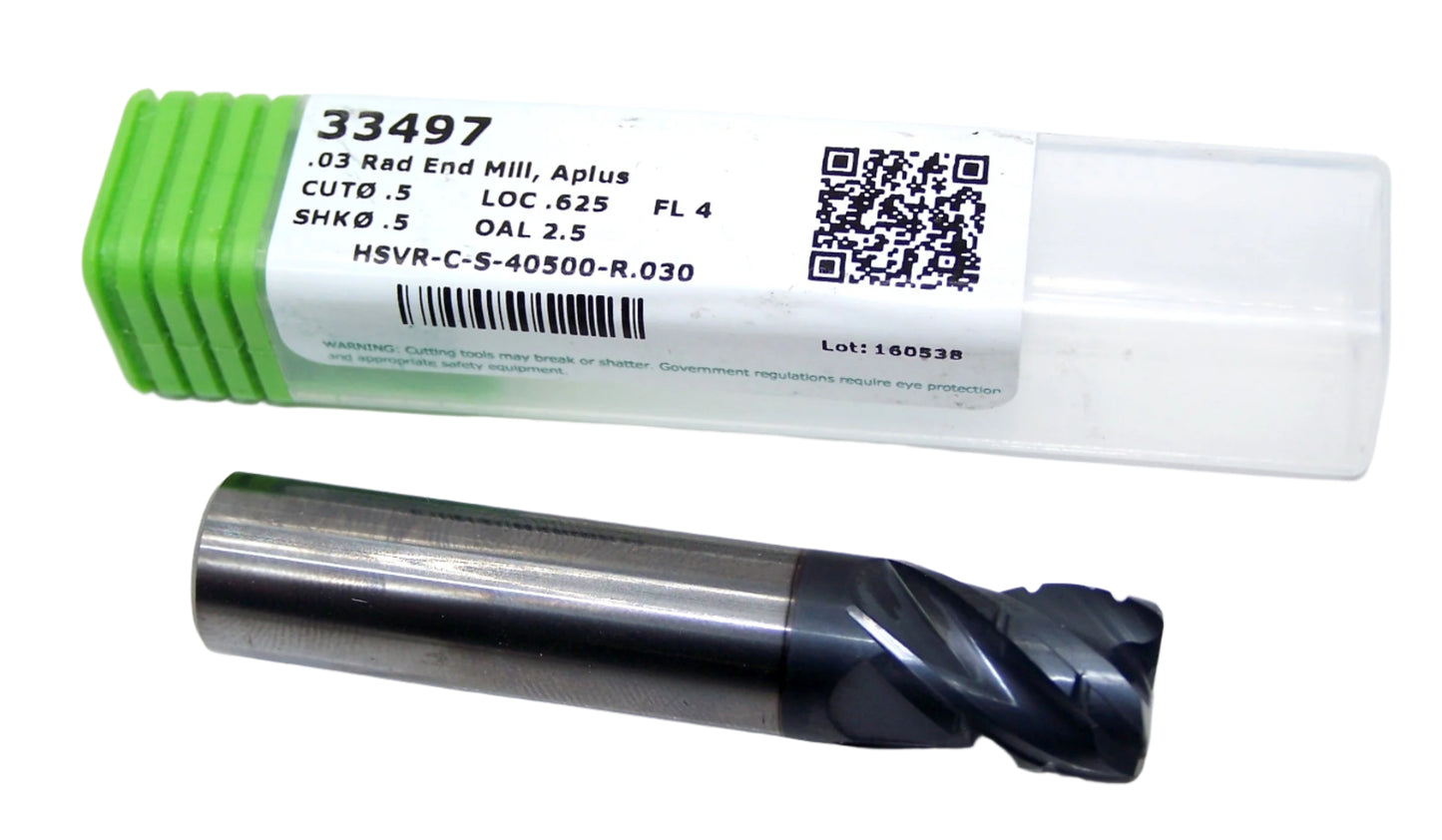 33497 Helical 1/2" Carbide 4 Flute End Mill Chipbreaker Rougher .030" Radius Aplus Coating .500" Diameter .625" Flute 2.50" Length .500" Shank
