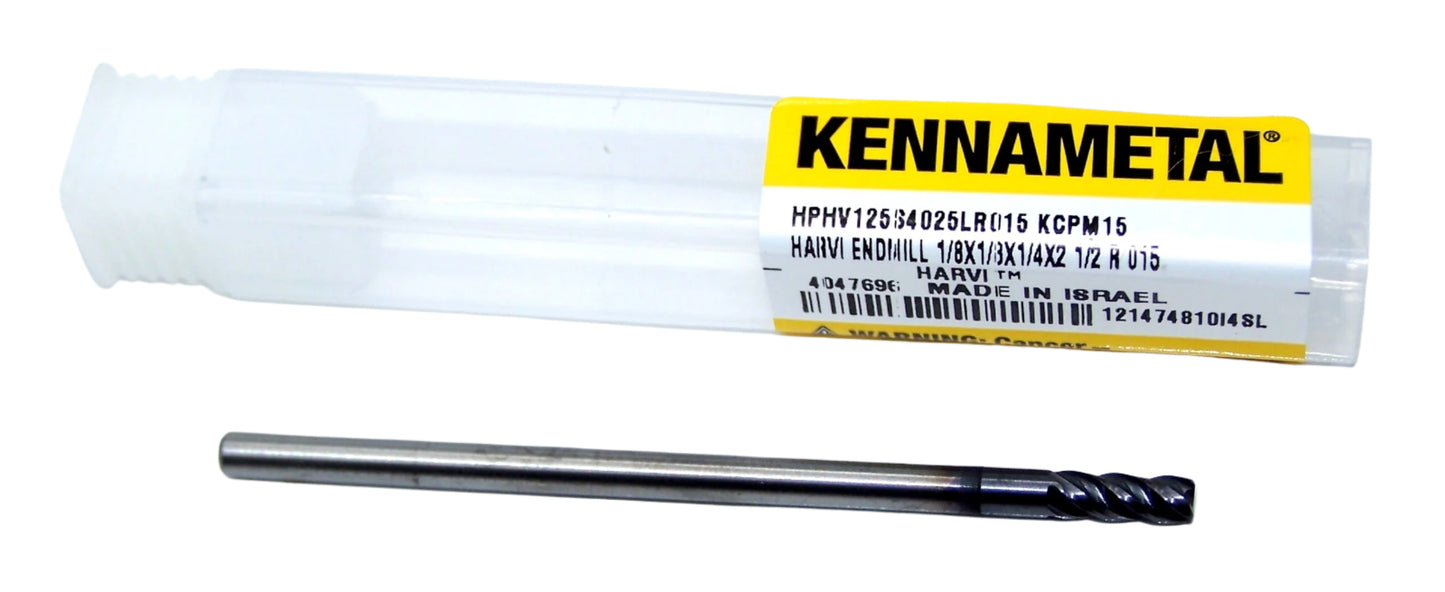 HPHV125S4025LR015 KCPM15 Kennametal 1/8" Carbide 4 Flute End Mill .015" End Radius .125" Diameter .250" Flute 2.5" Length .125" Shank 4047696