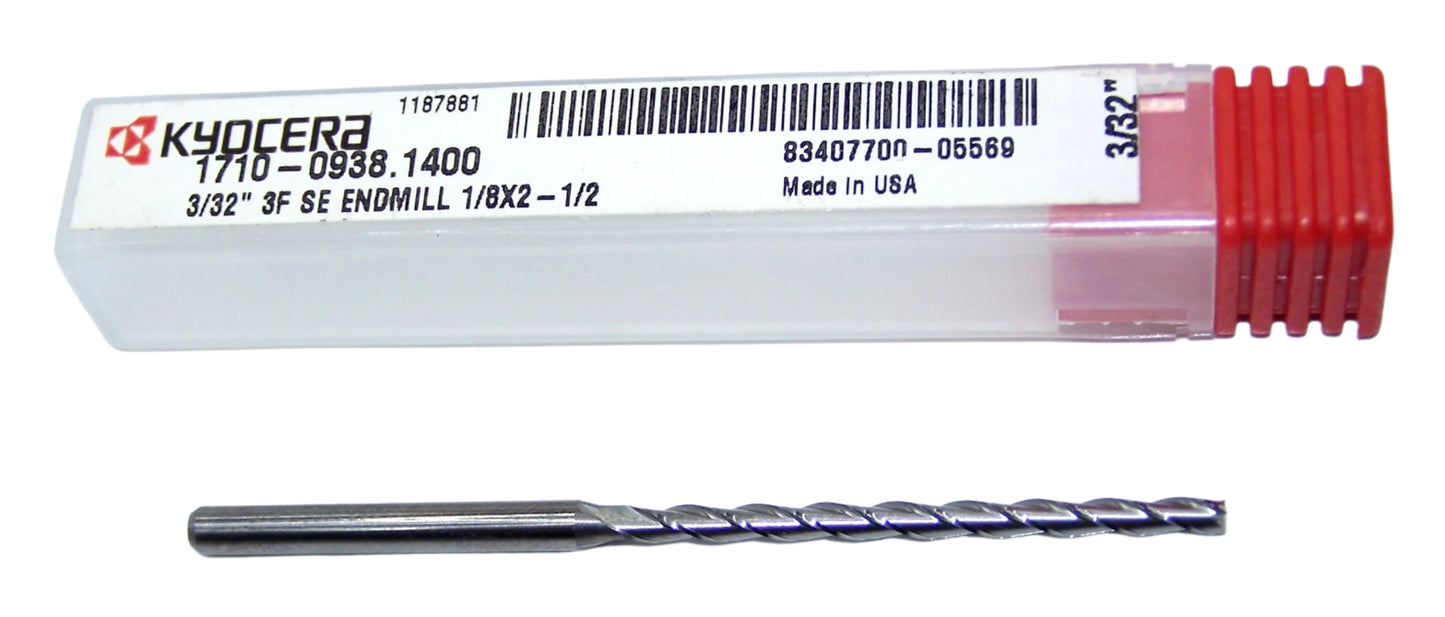 1710-0938.1400 Kyocera 3/32" Carbide 3 Flute End Mill 0.0938" Diameter 1.400" Flute 3.0" Length 0.125" Shank