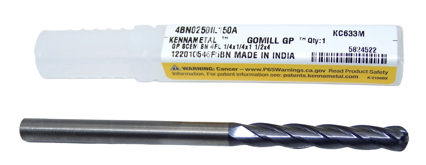 4BN0250IL150A KC633M Kennametal 1/4" Carbide 4 Flute End Mill Long Ball End .250" Diameter 1.50" Flute 4.0" Length .250" Shank 5824522
