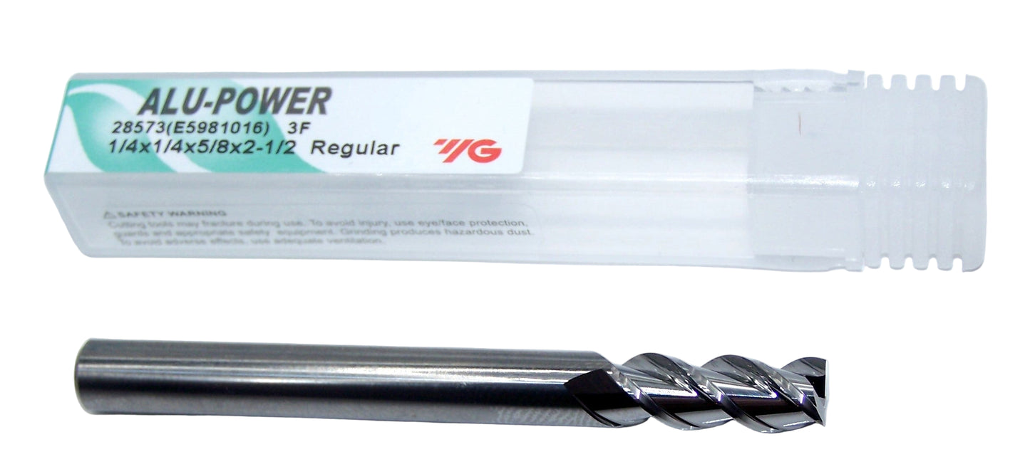 28573 YG1 1/4" Carbide 3 Flute End Mill ALU-POWER SQ for Aluminum .250" Diameter 625" Flute 2.50" OAL .250" Shank