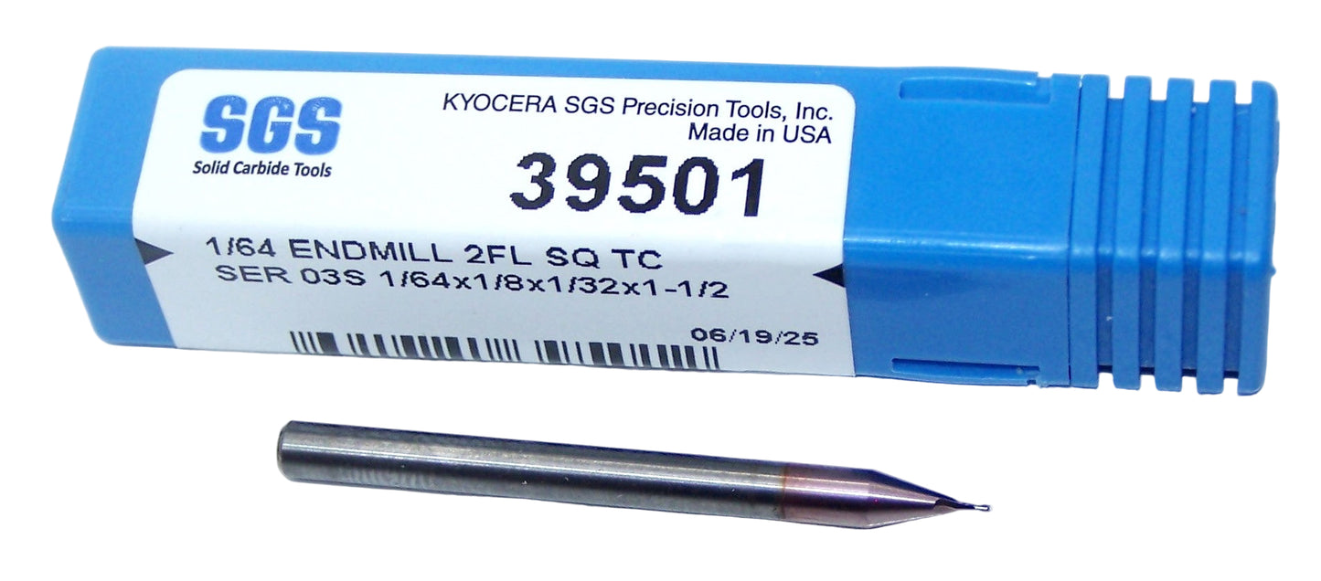 39501 Kyocera SGS 1/64" Carbide End Mill 2 Flute SQ TiCN Coated .0156" Diameter .031" Flute 1.50 Length .125" Shank