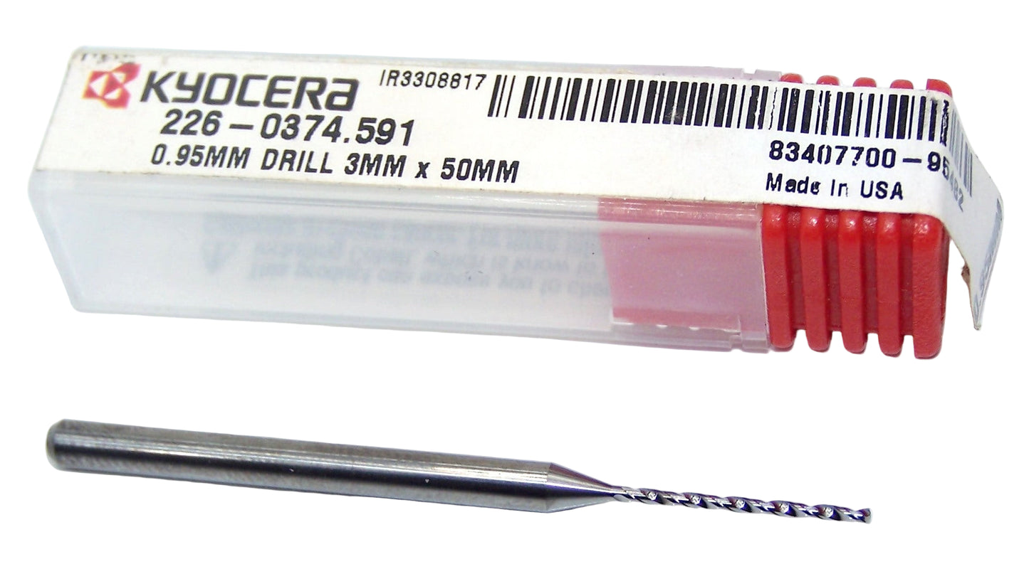 226-0374.591 Kyocera 0.95mm Carbide Drill 2 FLUTE 0.0374" Diameter 0.591" Flute 2" Length 0.1181" Shank 130° Point