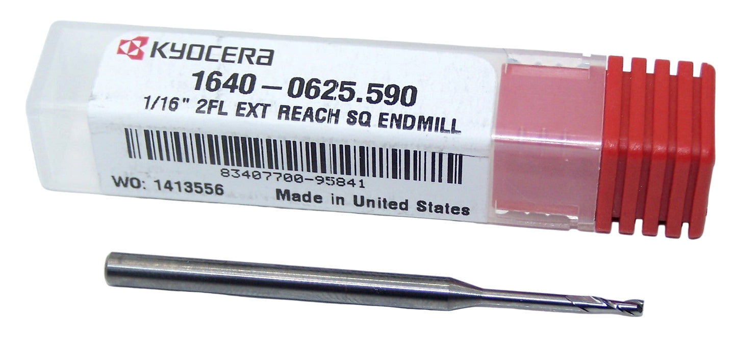 1640-0625.590 Kyocera 1/16" Carbide 2 Flute End Mill .590" Extended Reach 0.0625" Diameter 0.188" Flute 2.0" Length 0.125" Shank