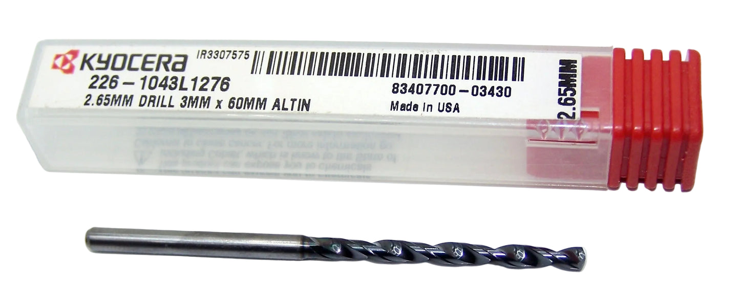 226-1043L1276 Kyocera 2.65mm Carbide Drill 2 FLUTE ALTiN Coated 0.1043" Diameter 1.276" Flute 2.3622" Length 0.1181" Shank 130° Point
