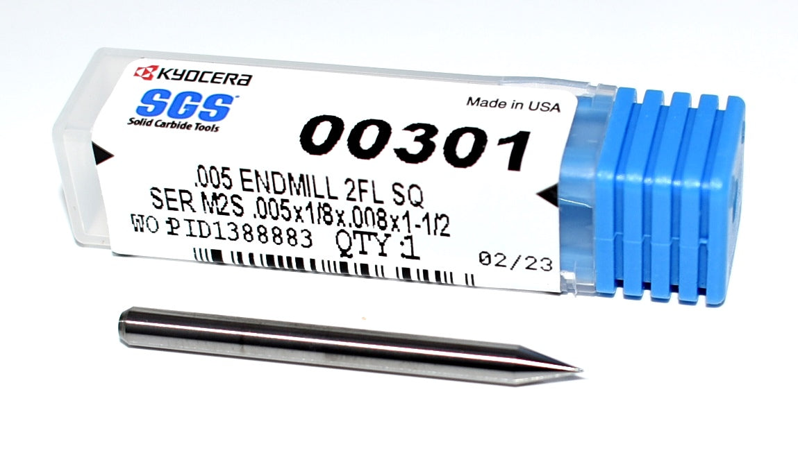 0.0050" CARBIDE END MILL 2 FLUTE .0050" DIA .008"LOC- KYOCERA SGS 00301