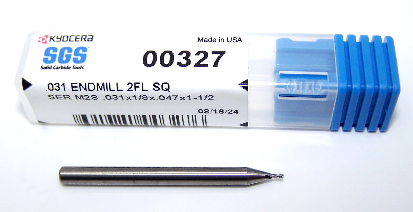 0.0310" CARBIDE END MILL 2 FLUTE 1/32" DIA .047"LOC- KYOCERA SGS 00327