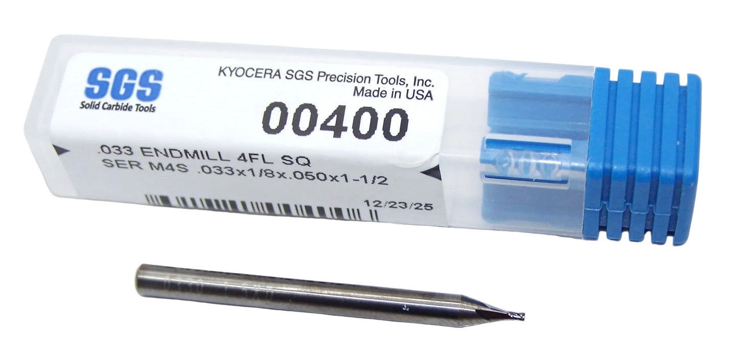 00400 Kyocera SGS .0330" Carbide 4 Flute End Mill SQ .0330" Diameter .060" Flute 1.50" Length .125" Shank