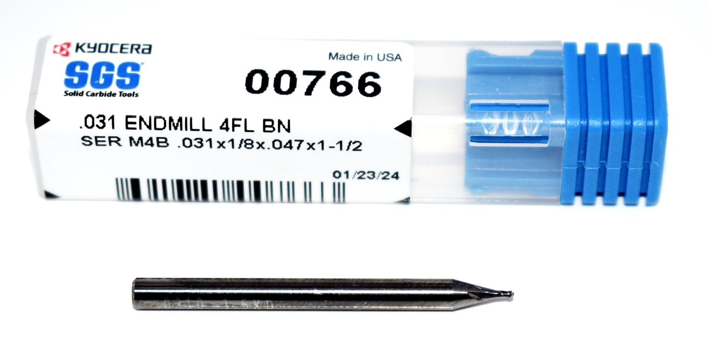 00766 Kyocera SGS 1/32" Carbide 4 Flute Ball End Mill .031" Diameter .047" Flute 1.5" Length .125" Shank