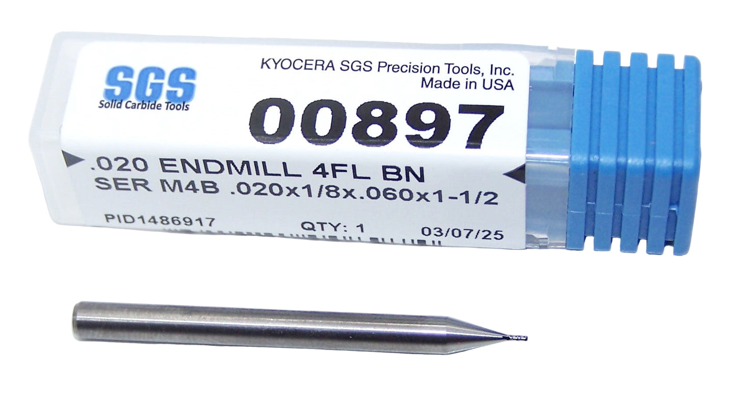00897 Kyocera SGS .020" Carbide 4 Flute Ball End Mill .020" Diameter .060" Flute 1.5" Length .125" Shank