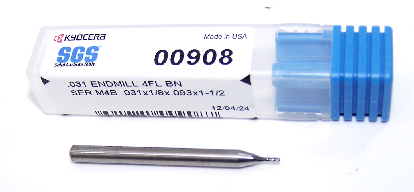 00908 Kyocera SGS 1/32" Carbide 4 Flute Ball End Mill .031" Diameter .093" Flute 1.5" Length .125" Shank
