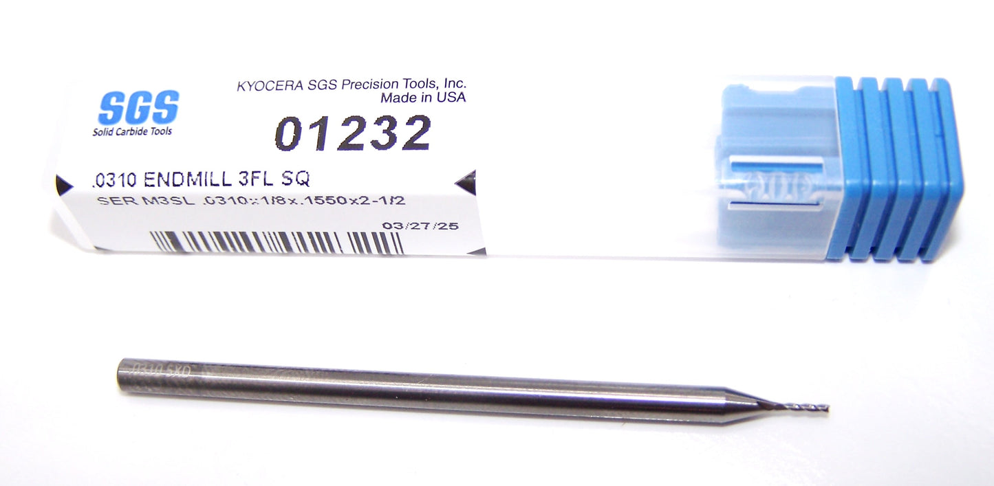 01232 Kyocera SGS 1/32" Carbide 3 Flute End Mill Long Length 0.0310" Diameter 0.155" Flute 2.50" Length 0.125" Shank