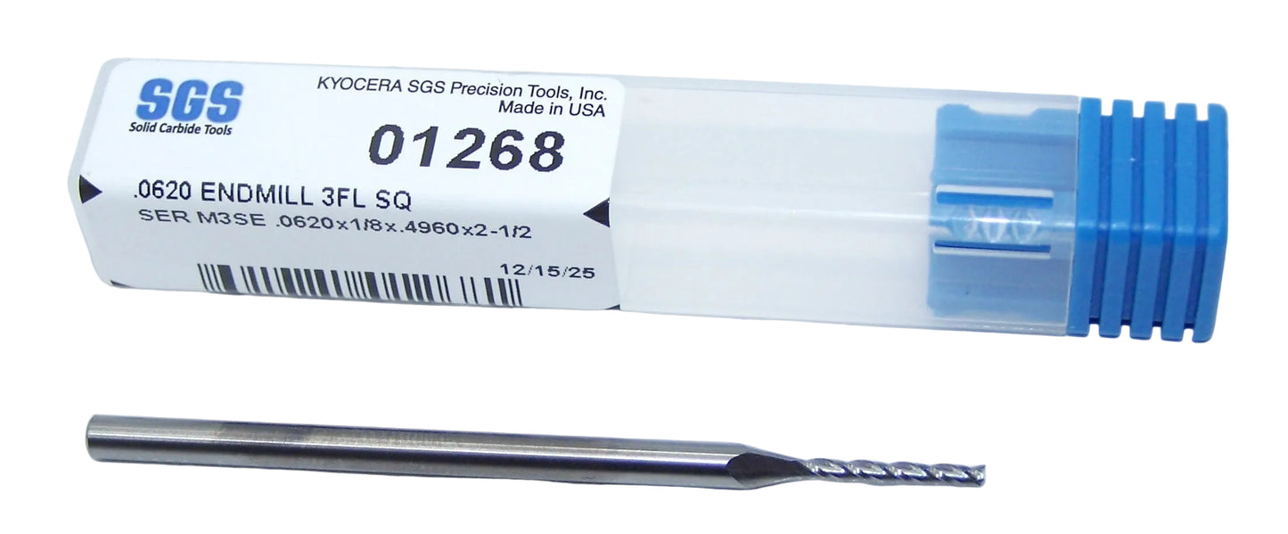 01268 Kyocera SGS 1/16" Carbide 3 Flute End Mill Long Length SQ Bright Uncoated 0.0620 Diameter 0.496" Flute 2.50" Length 0.125" Shank