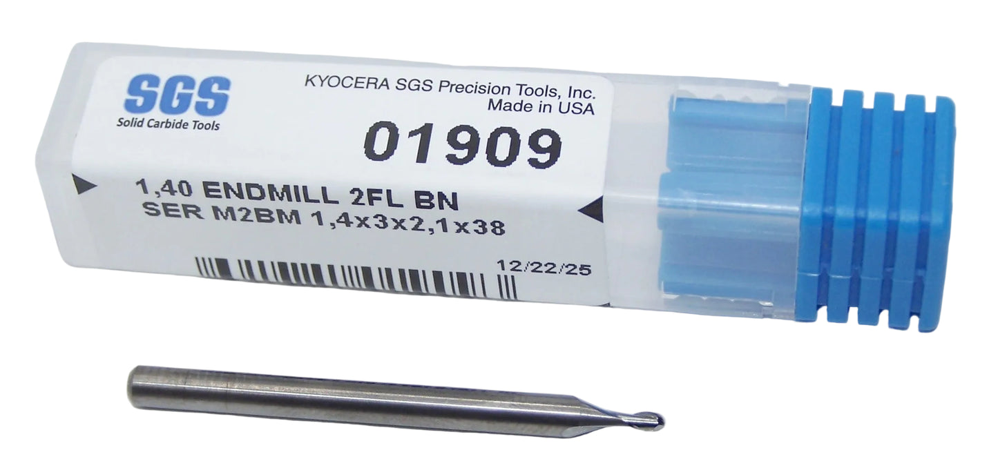01909 Kyocera SGS 1.40mm Carbide 2 Flute Ball End Mill Bright .0551" Diameter .0827" Flute 1.50" Length .1181" Shank