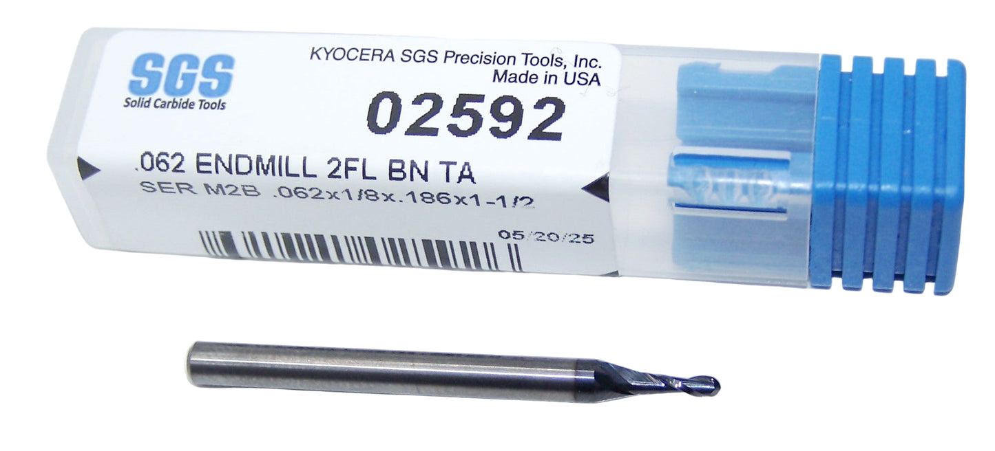 02592 Kyocera SGS 1/16" Carbide 2 Flute Ball End Mill AlTiN Coated .062" Diameter .186" Flute 1.5" Length .125" Shank