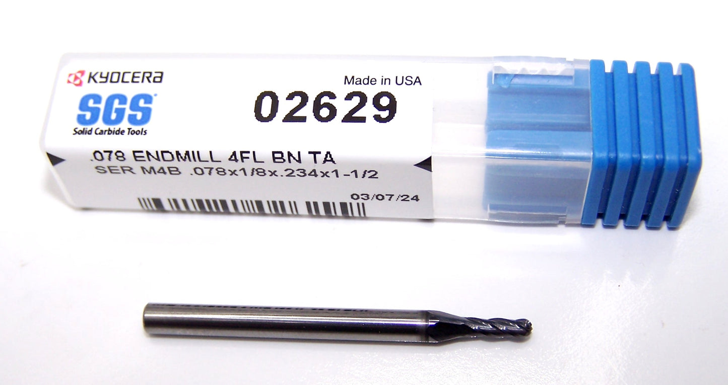 02629 Kyocera SGS 5/64" Carbide 4 Flute Ball End Mill AlTiN .0781" Diameter .234" Flute 1.5" Length .125" Shank