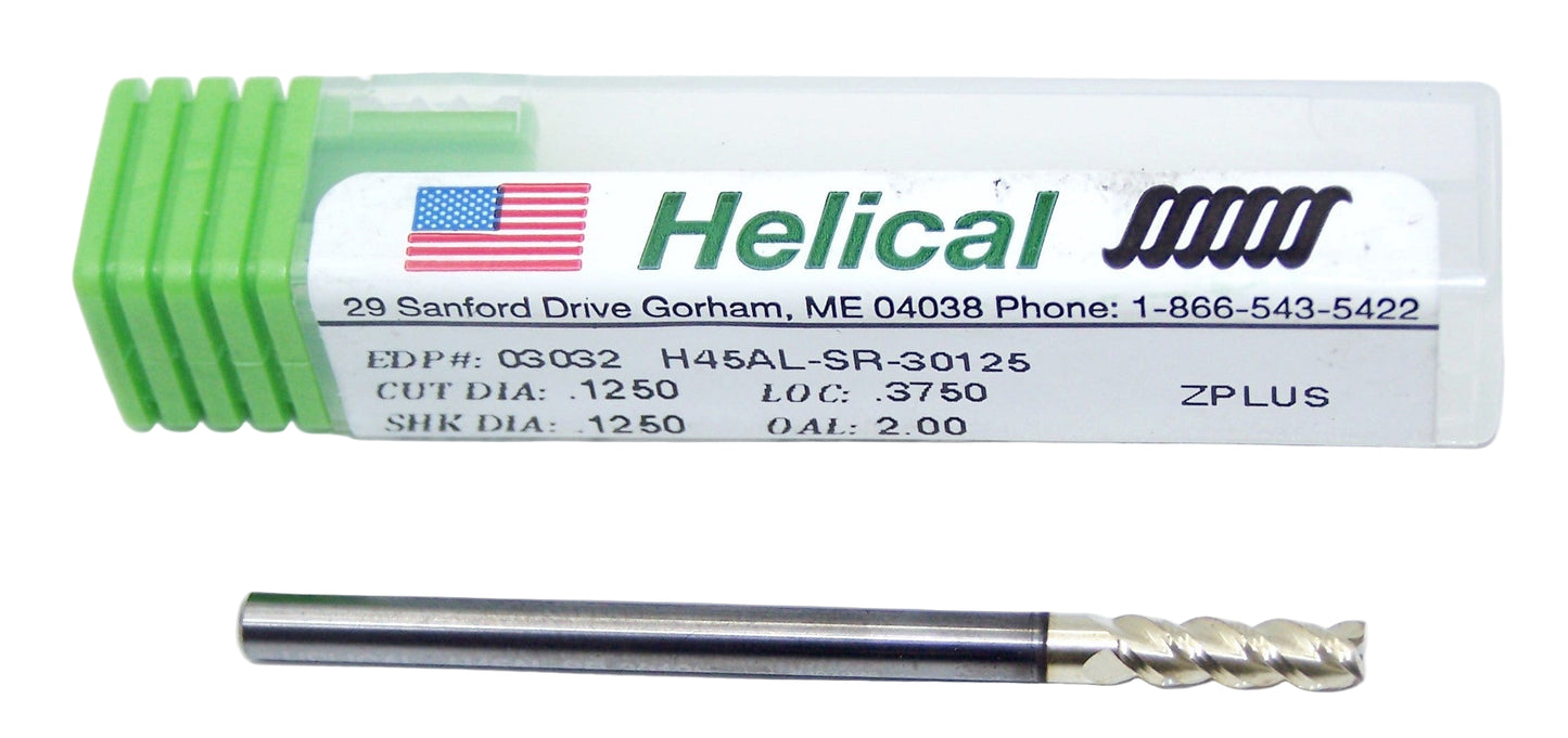 03032 Helical Solutions 1/8" Carbide 3 Flute End Mill 45° Helix for Aluminum Square ZrN Coat .125" Diameter .375" Flute 2.0" Length .125" Shank H45AL-SR-30125