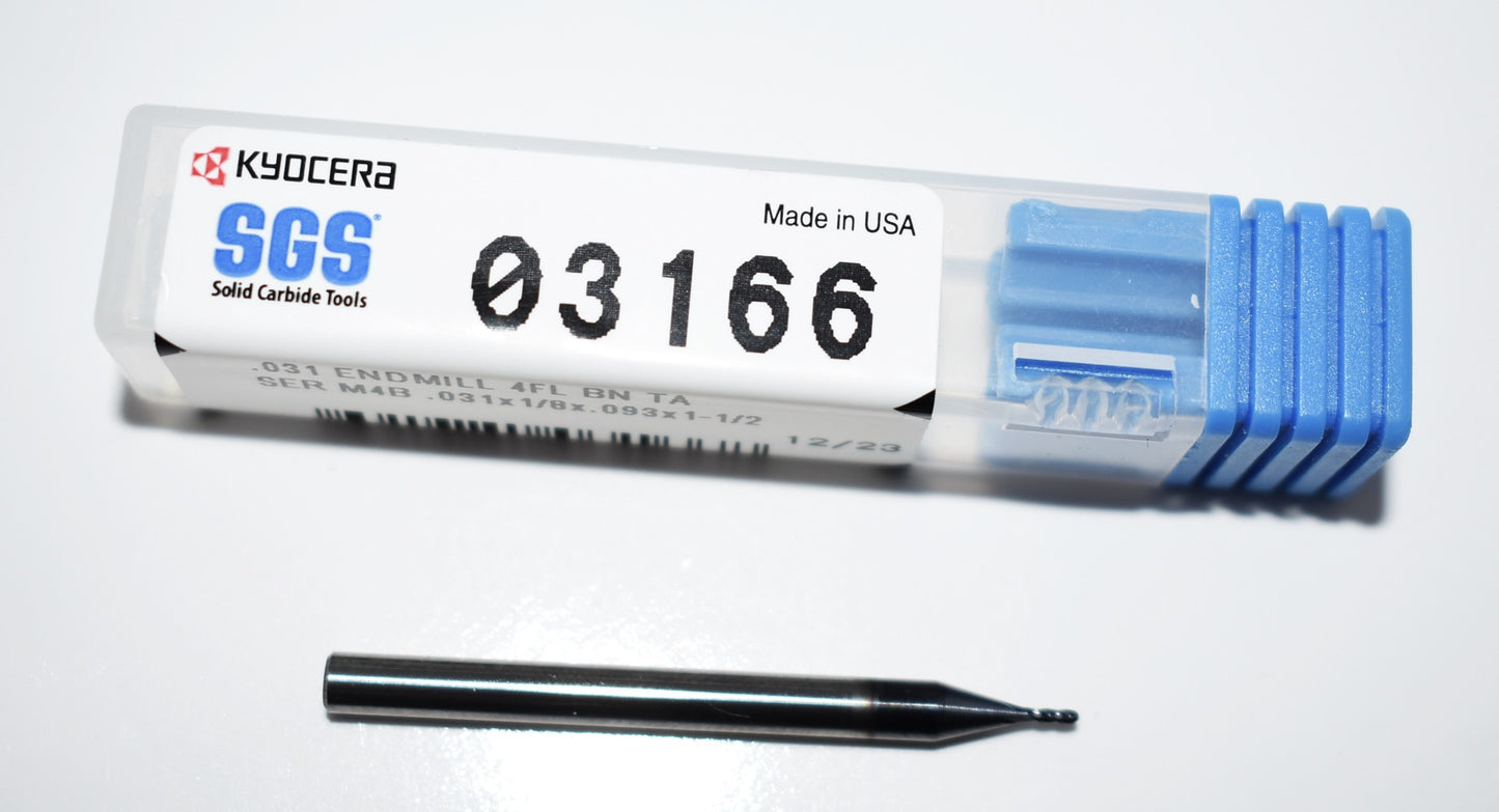 03166 Kyocera SGS 1/32" Carbide 4 Flute Ball End Mill AlTiN .031" Diameter .093" Flute 1.5" Length .125" Shank