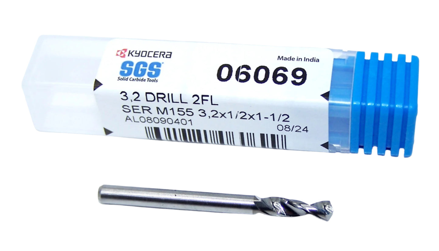 06069 Kyocera SGS 3.20mm Carbide Drill 2 FLUTE .1260" Diameter .500" Flute 1.50" Length .125" Shank 130° Point