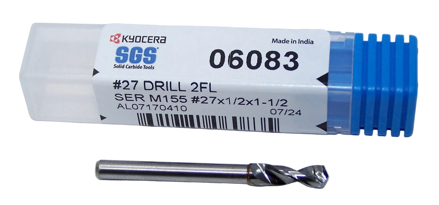 06083 Kyocera SGS #27 Carbide Drill 2 FLUTE .1440" Diameter .500" Flute 1.50" Length .125" Shank 130° Point