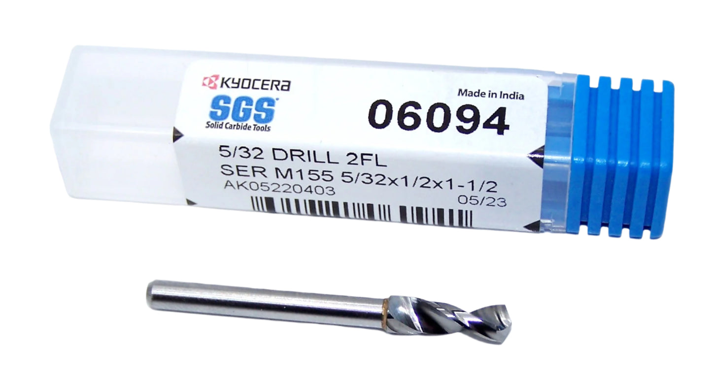 06094 Kyocera SGS 5/32" Carbide Drill 2 FLUTE .1562" Diameter .500" Flute 1.50" Length .125" Shank 130° Point