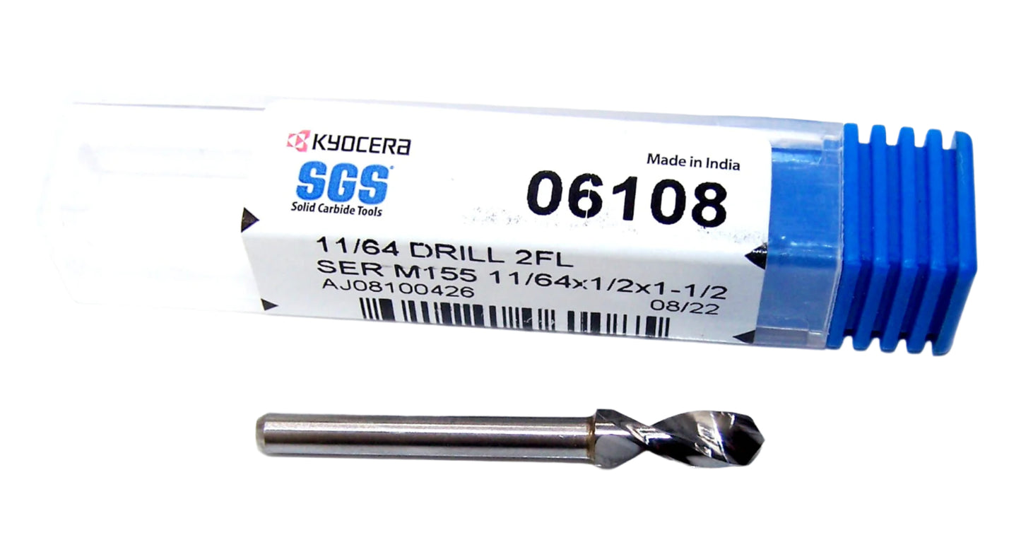 06108 Kyocera SGS 11/64" Carbide Drill 2 FLUTE .1719" Diameter .500" Flute 1.50" Length .125" Shank 130° Point