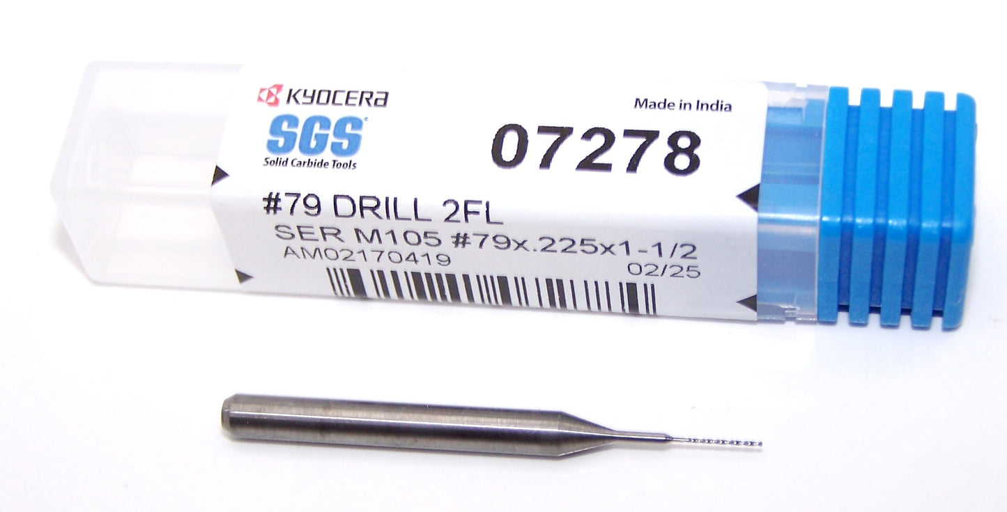 07278 Kyocera SGS #79 Carbide Drill 2 FLUTE 0.0145" Diameter .225" Flute 1.50" Length .125" Shank 130° Point