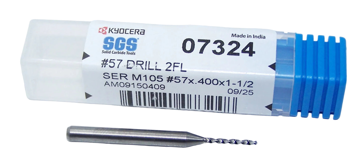 07324 Kyocera SGS #57 Carbide Drill 2 Flute 0.0430" Diameter .400" Flute 1.50" Length .125" Shank 130° Point