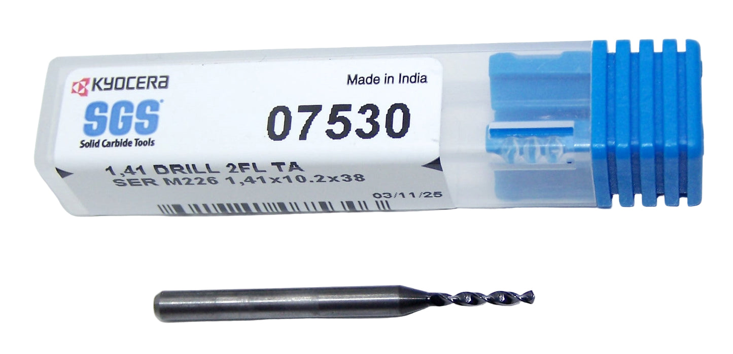 07530 SGS 1.41mm Carbide Drill 2 Flute 0.0555" Diameter .400" Flute 1.50" Length .118 Shank 130° Point AlTiN M226