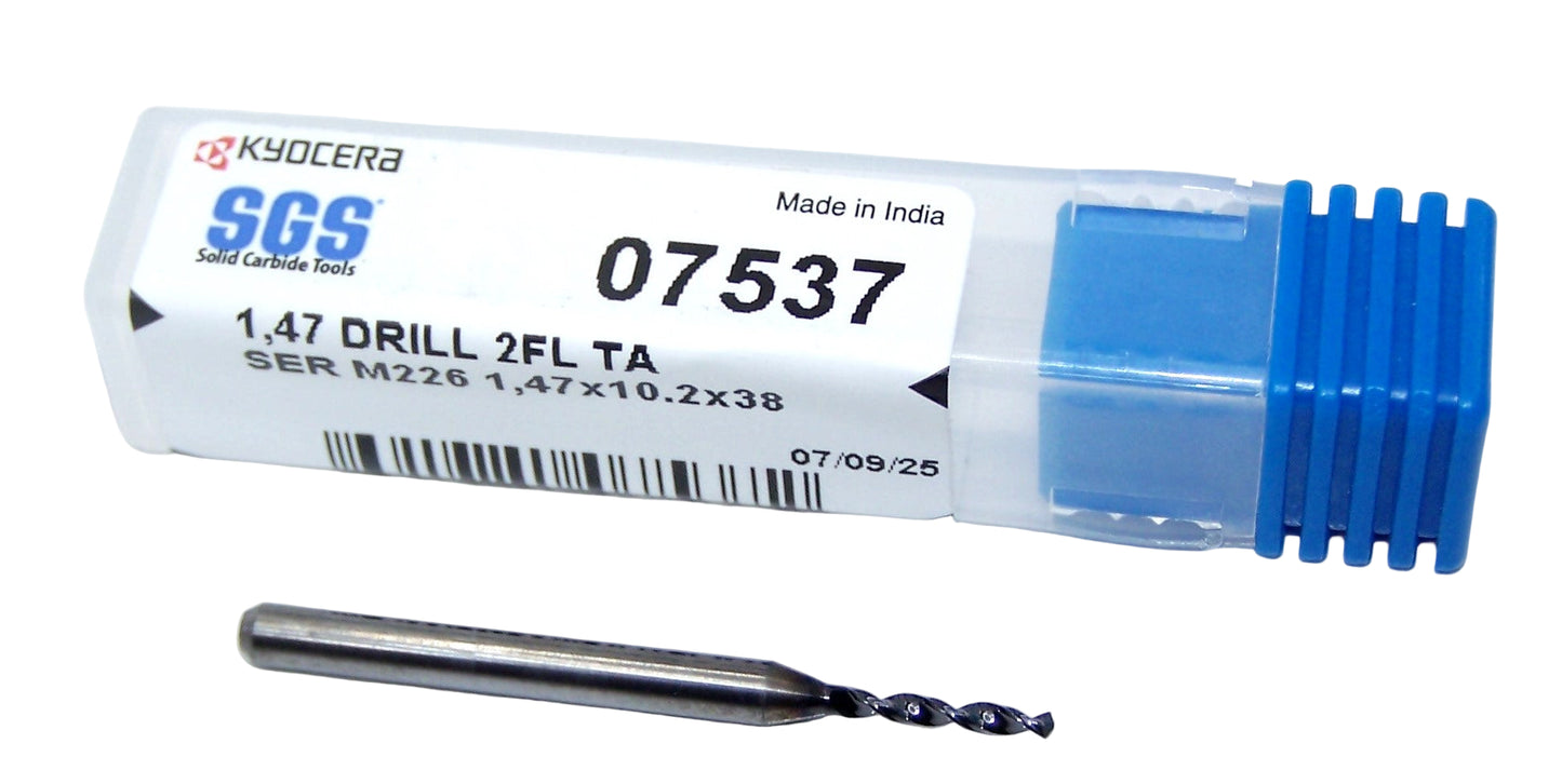 07537 SGS 1.47mm Carbide Drill 2 Flute 0.0579" Diameter .400" Flute 1.50" Length .118 Shank 130° Point AlTiN M226