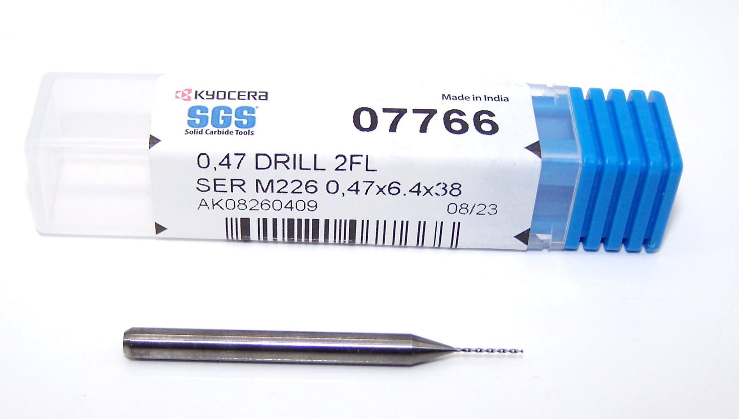 07766 SGS 0.47mm Carbide Drill 2 Flute 0.0185" Diameter .252" Flute 1.50" Length .118 Shank 130° Point M226
