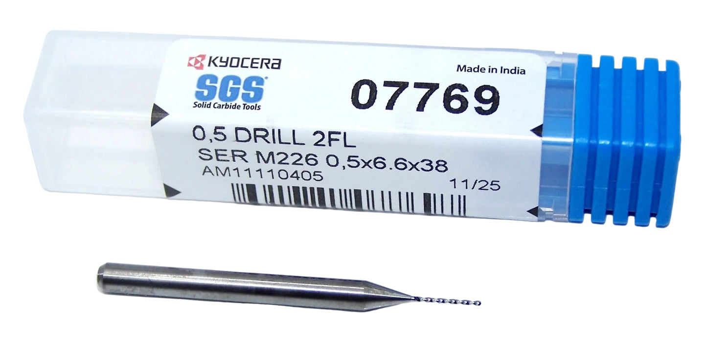 07769 SGS 0.50mm Carbide Drill 2 Flute 0.0197" Diameter .260" Flute 1.50" Length .118 Shank 130° Point M226