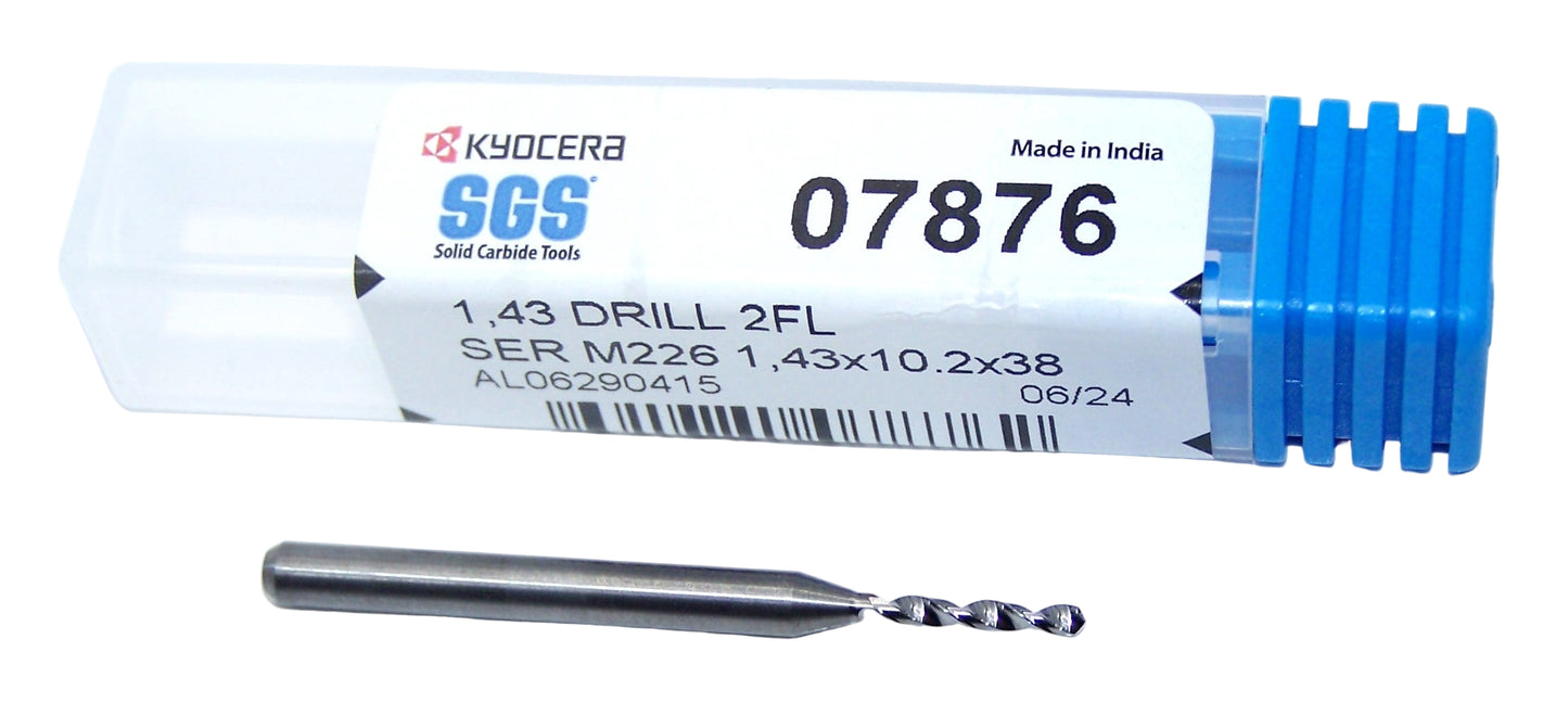 07876 SGS 1.43mm Carbide Drill 2 Flute 0.0563" Diameter .400" Flute 1.50" Length .118 Shank 130° Point M226