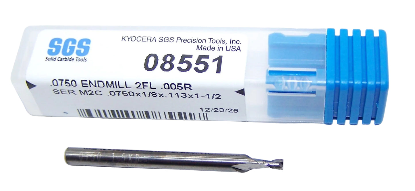 08551 Kyocera SGS .0750" Carbide 2 Flute End Mill .005" Radius .075" Diameter .113" Flute 1.50" Length .125" Shank