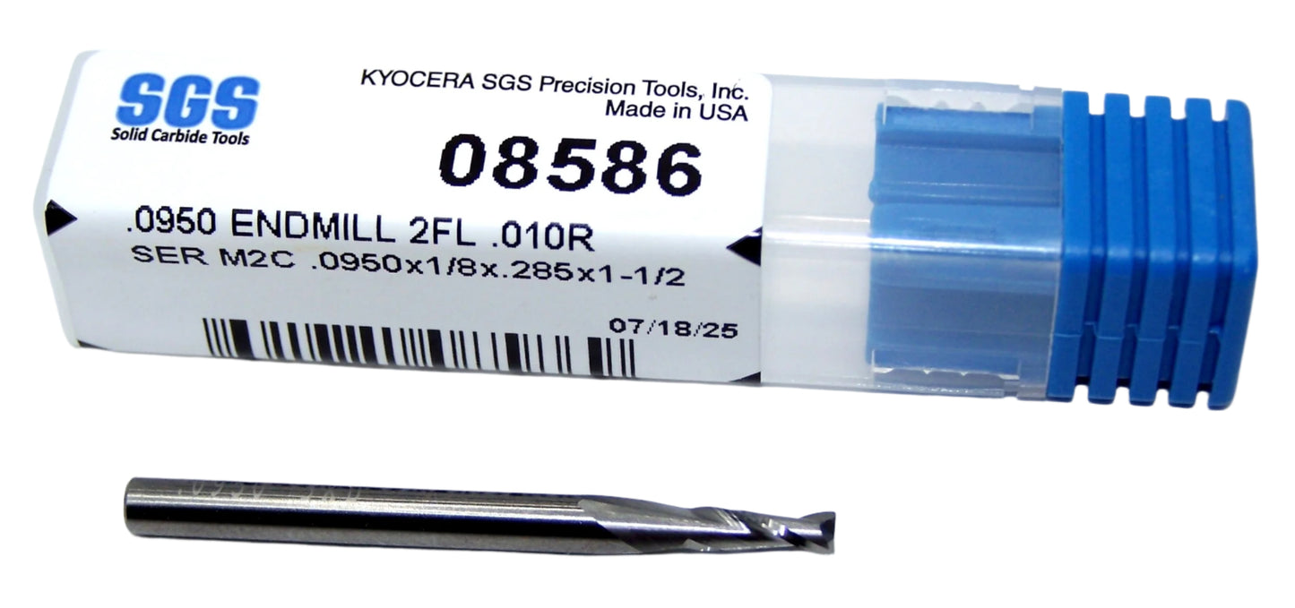 08586 Kyocera SGS .0950" Carbide 2 Flute End Mill .010" Radius .090" Diameter .285" Flute 1.50" Length .125" Shank