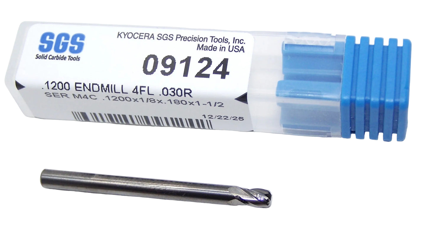 09124 Kyocera SGS .1200" Carbide 4 Flute End Mill .030" Radius 0.1200" Diameter .180" Flute 1.50" Length .125" Shank
