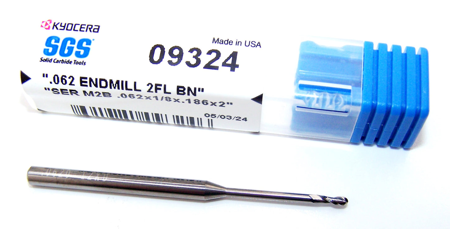 09324 Kyocera SGS 1/16" Carbide 2 Flute Ball End Mill .477" Extended Reach .062" Diameter .186" Flute 2.0" Length .125" Shank