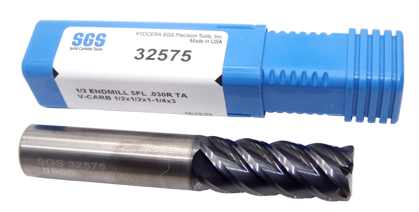 32575 Kyocera SGS 1/2" Carbide 5 Flute End Mill .030Radius AlTiN Coating .500" Diameter 1.25" Flute 3.00" Length .500" Shank V-Carb