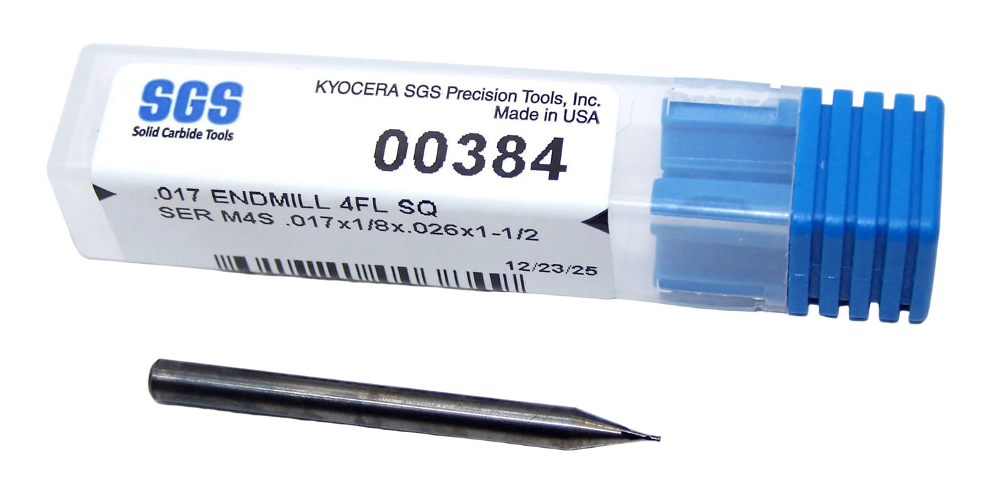 00384 Kyocera SGS .0170" Carbide 4 Flute End Mill SQ .0170" Diameter .026" Flute 1.50" Length .125" Shank