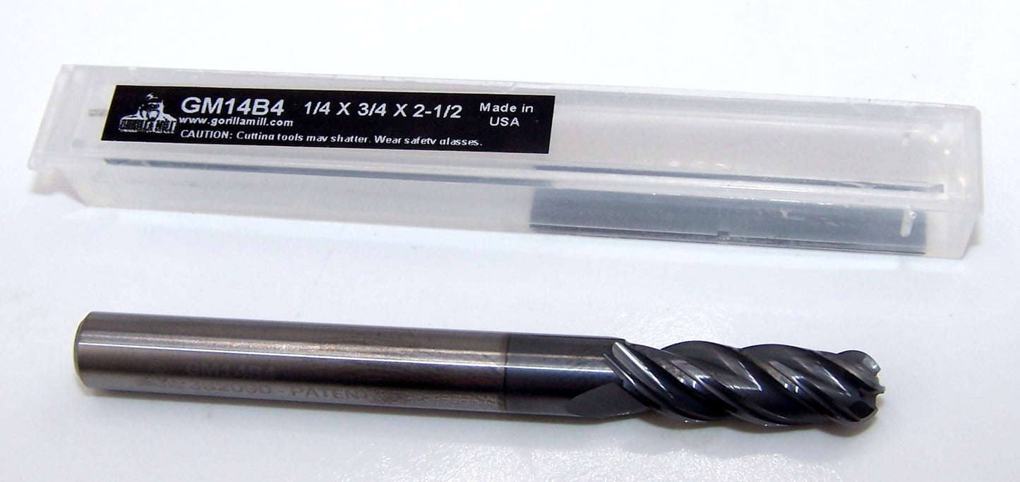 10247 Gorilla Mill 1/4" Carbide 4 Flute End Mill Ball End .2500" Diameter .750" Flute 2.50" Length .125" Radius GMX-35 Coat