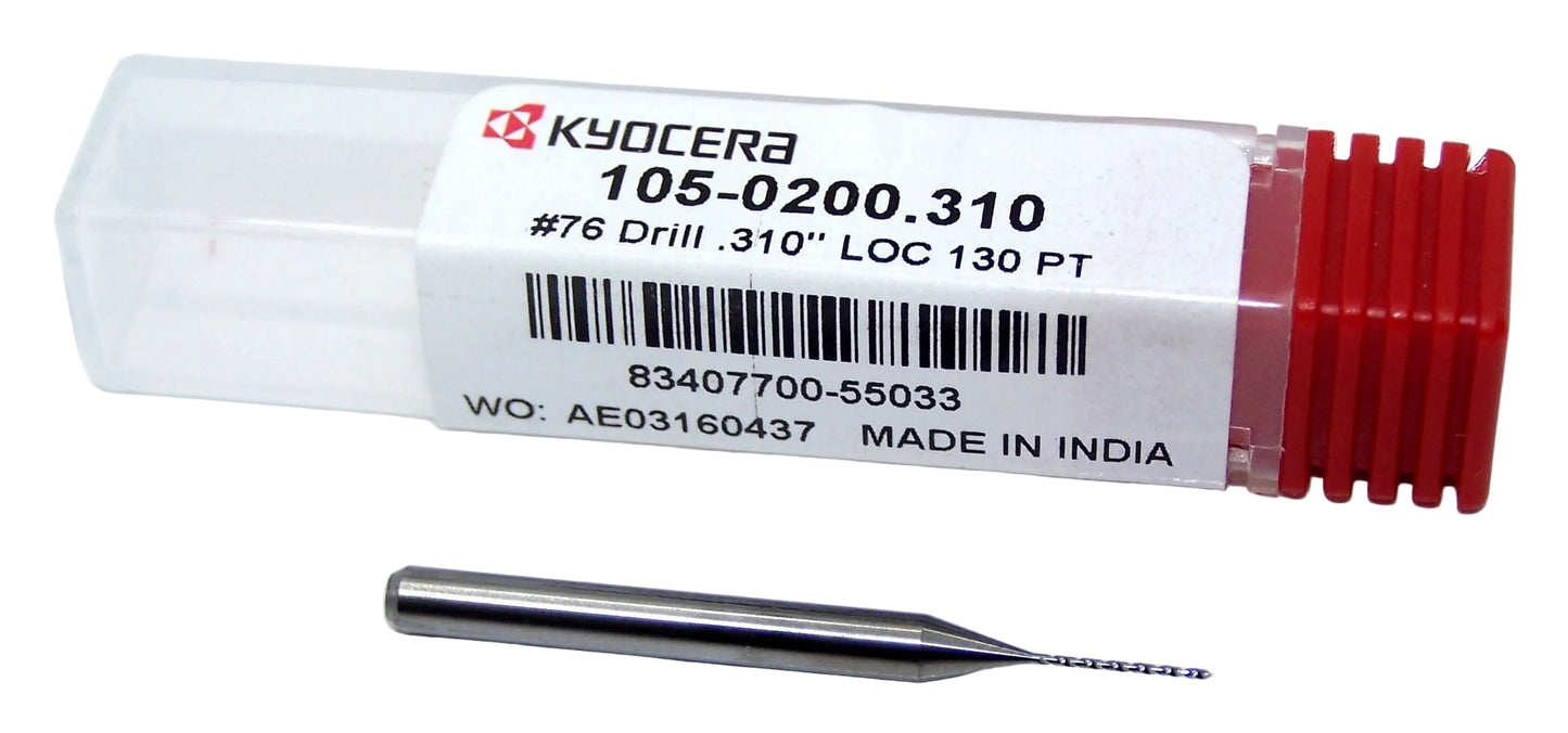 105-0200.310 Kyocera #76 Carbide 0.0200" Diameter 0.310" Flute 1.5" Length 0.125" Shank 130° Point