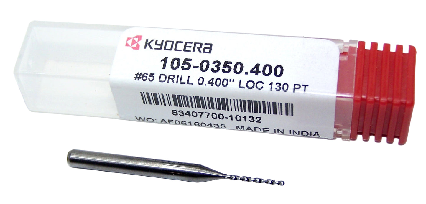 105-0350.400 Kyocera #65 Carbide 0.0350" Diameter 0.400" Flute 1.50" Length 0.125" Shank 130° Point