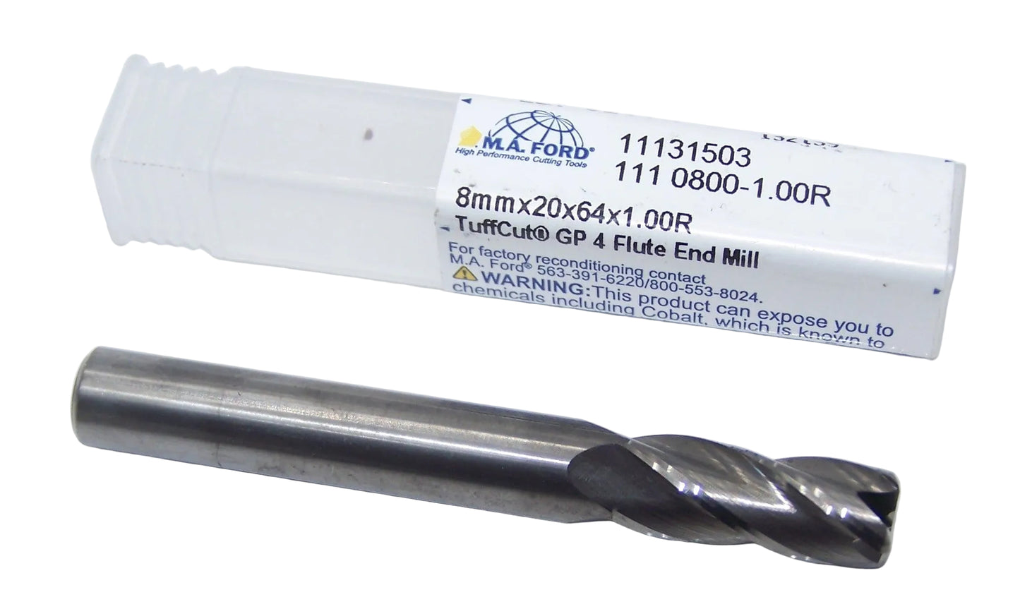 11131503 MaFord 8.00mm Carbide 4 Flute End Mill .039" Radius 0.3150" Diameter 0.7874" Flute 2.52" Length 0.3150" Shank TuffCut® GP