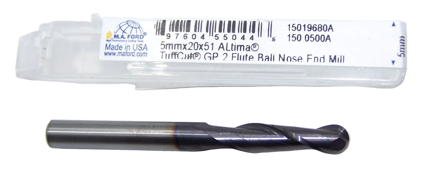15019680A MAFord 5.00mm Carbide 2 Flute End Mill Ball End AlTiN .1968" Diameter 0.787" Flute 2.00" Length 0.196" Shank (55044)
