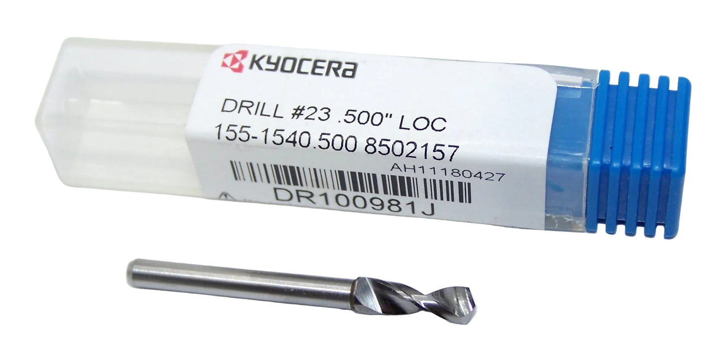 155-1540.500 Kyocera #23 Carbide 0.1540" Diameter 0.500" Flute 1.50" Length 0.125" Shank 130° Point