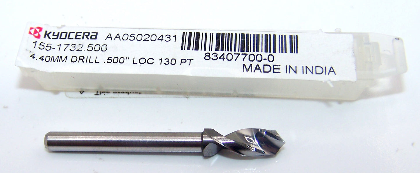 155-1732.500 Kyocera 4.40mm Carbide Drill .1532" Diameter .500" Flute 1.50" Length .125" Shank 130° Point