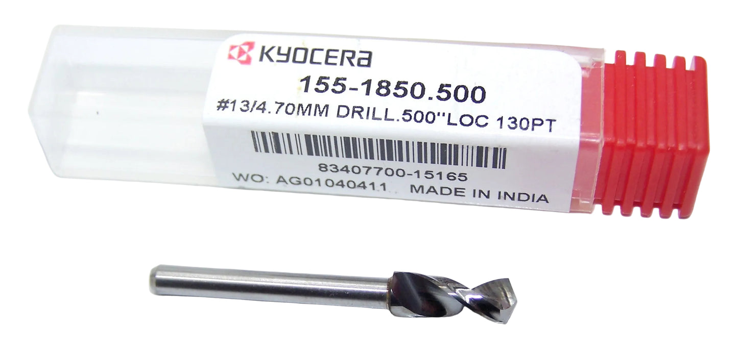 155-1850.500 Kyocera 4.70mm Carbide Drill 0.1850" Diameter 0.5000" Flute 1.5" Length 0.125" Shank 130° Point)